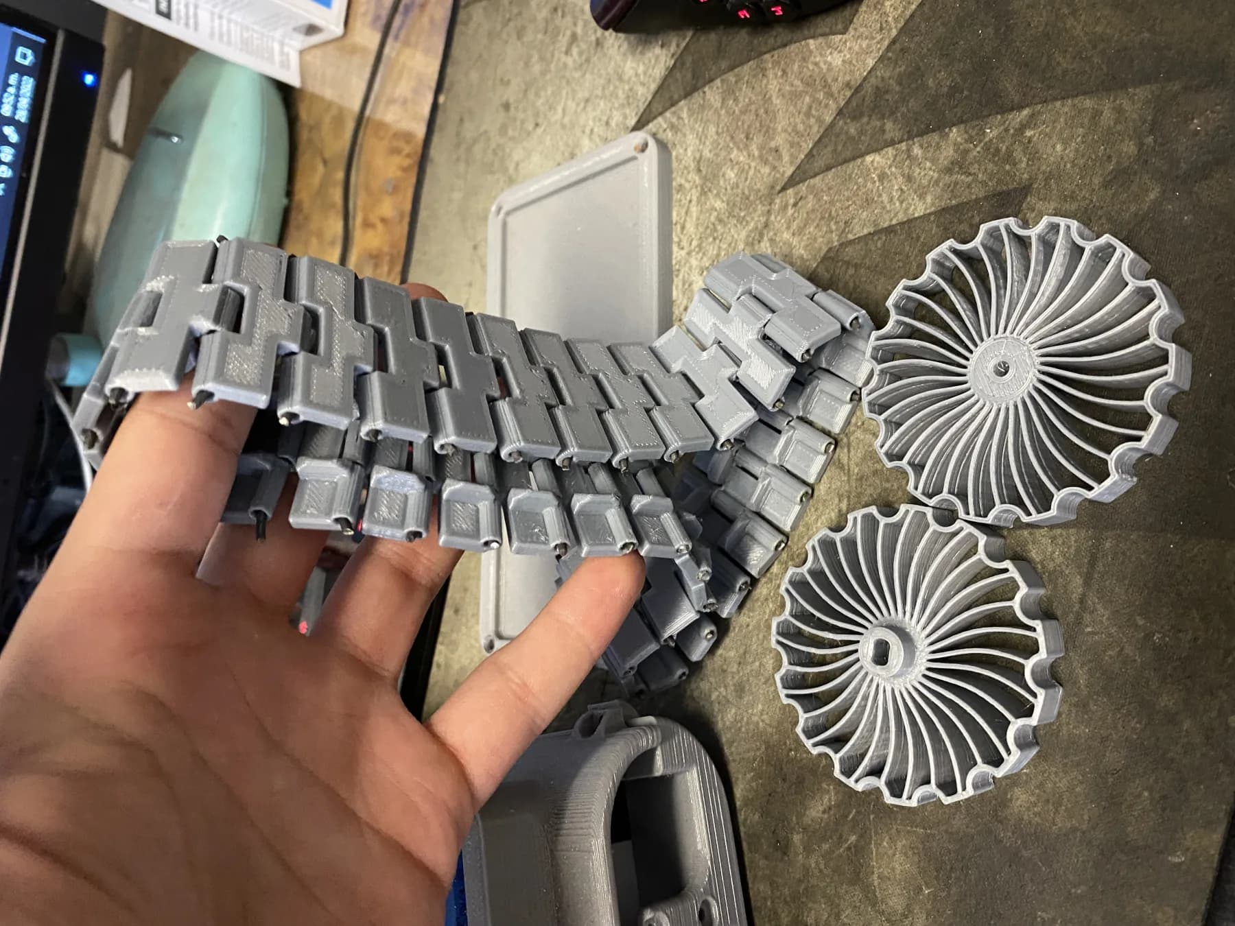 3D-printed gears, track components, and mechanical test parts