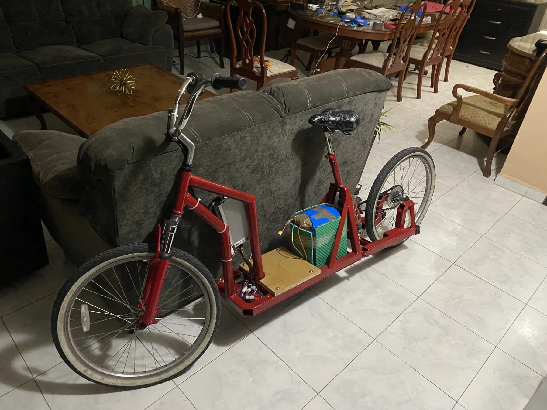 Completed red electric bicycle build